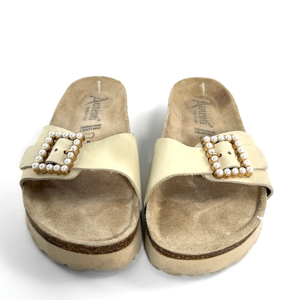 Autenti Batistella Womens Cream Leather Pearl Buckle Platform Slide Sandals 38 - Picture 3 of 10